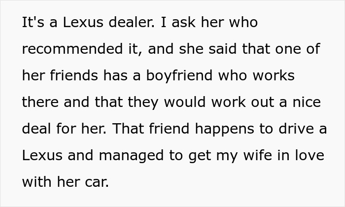 Text describing a Lexus dealership conversation about a friend working there who helped arrange a car deal.