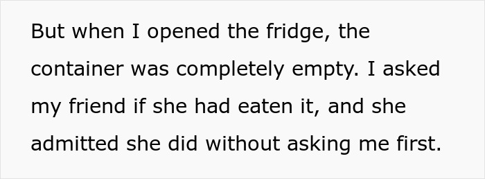 Text describing a woman&rsquo;s leftover pasta theft that leads her to purchase a mini fridge after a friend eats it without asking.