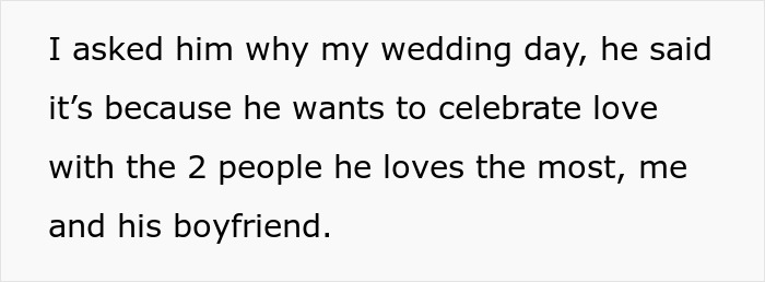 Text excerpt about a man urging his gay brother to come out, refusing to let him do so at his wedding day. Text excerpt about a man urging his gay brother to come out, refusing to let him do so at his wedding day.