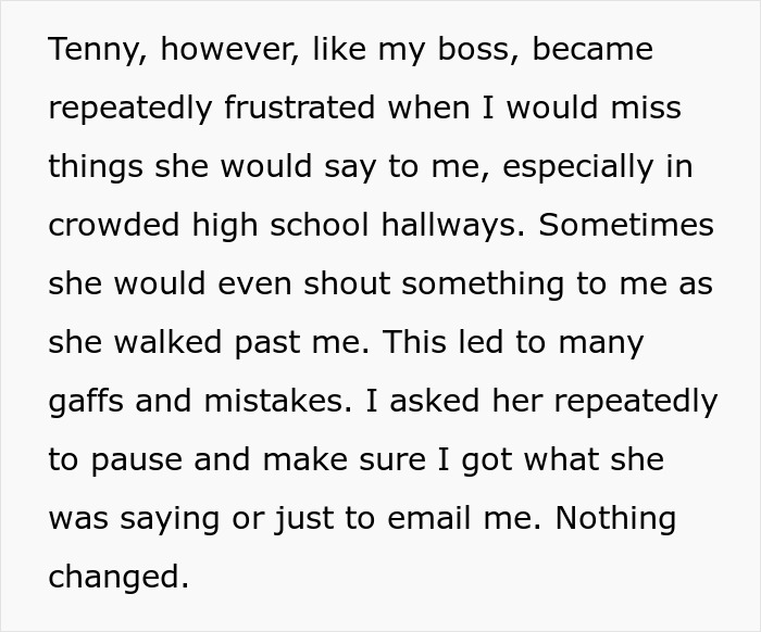 Text excerpt describing frustration with miscommunication in high school, highlighting workplace tension and mistakes related to a colleague who stole a job. Text excerpt describing frustration with miscommunication in high school, highlighting workplace tension and mistakes related to a colleague who stole a job.