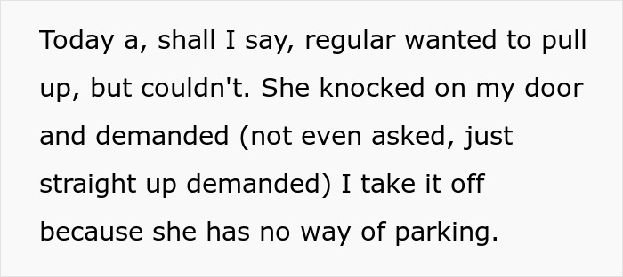 Text excerpt showing a young woman demanding parking space, highlighting tension with cops and a pregnant woman nearby.