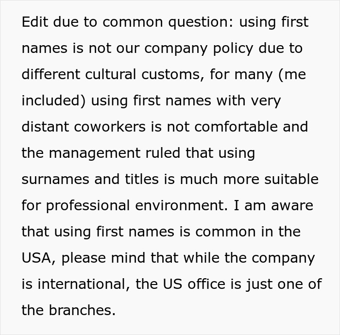 Text explaining company policy on using surnames instead of first names due to cultural differences with American coworkers. - 8