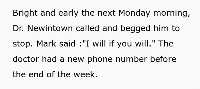 Text excerpt about a man receiving calls meant for a doctor who won&rsquo;t change his number and starts booking appointments.