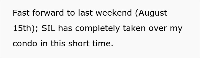 Text excerpt showing a situation where a sister-in-law has taken over a condo quickly, highlighting family tension and conflict.