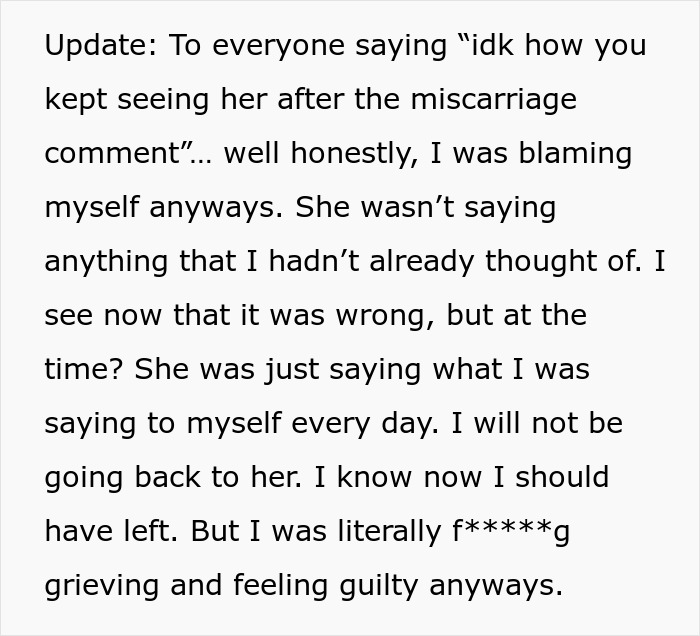 Alt text: Woman baffled at psychiatrist's unhinged request, sharing her feelings of grief and guilt after a miscarriage. Alt text: Woman baffled at psychiatrist's unhinged request, sharing her feelings of grief and guilt after a miscarriage.