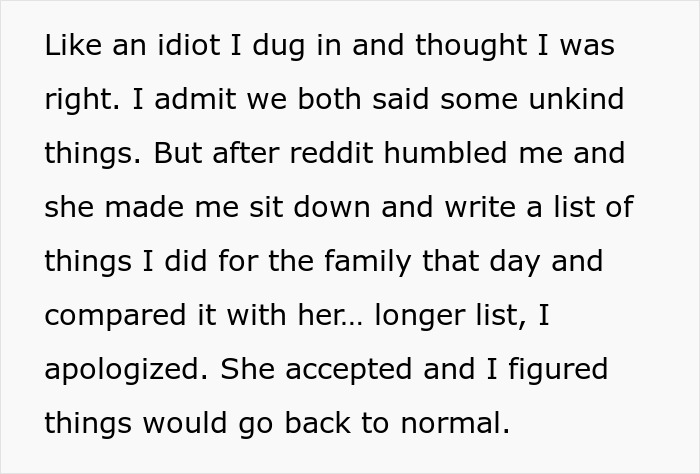 Man tells wife she couldn&rsquo;t do it without him, watches her prove him wrong with a longer list of family tasks.