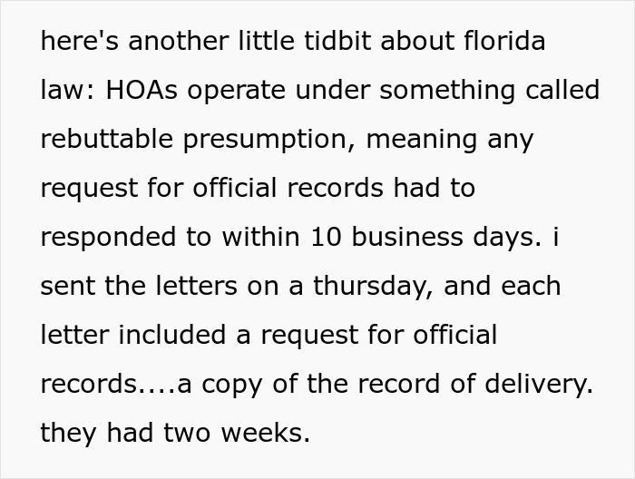 Text excerpt explaining Florida law on HOA requests for official records with deadlines under rebuttable presumption.
