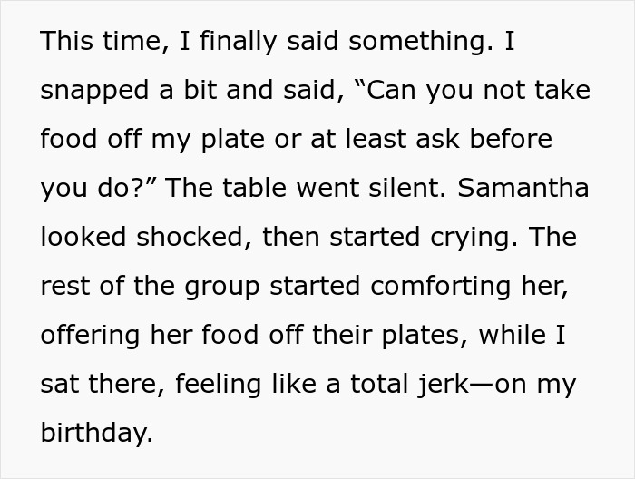 Woman frustrated with coworker helping herself to food, confronts her during a tense birthday gathering.