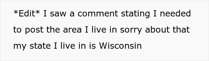 Text post about living in Wisconsin with an edit mentioning location, related to hoarder MIL squatting legal eviction.