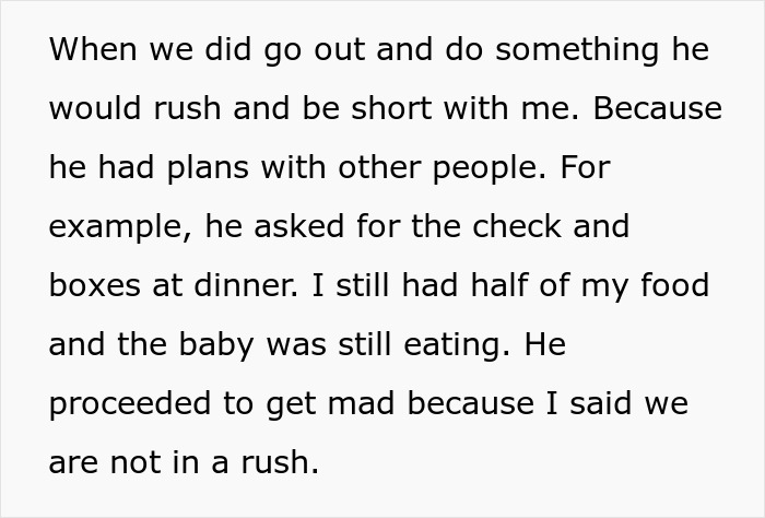 Text excerpt reflecting family vacation conflict with man-child husband rushing and ignoring his wife&rsquo;s needs during outing.