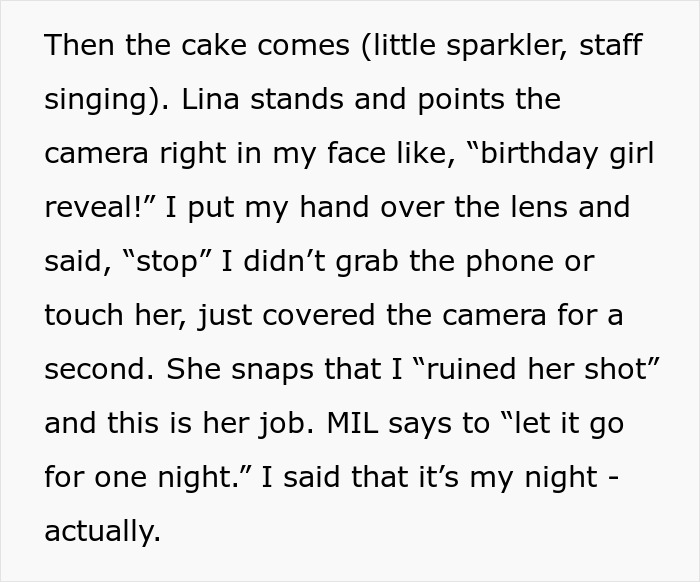 Self-proclaimed influencer blocks filming by SIL at birthday dinner, causing a confrontation over camera use.