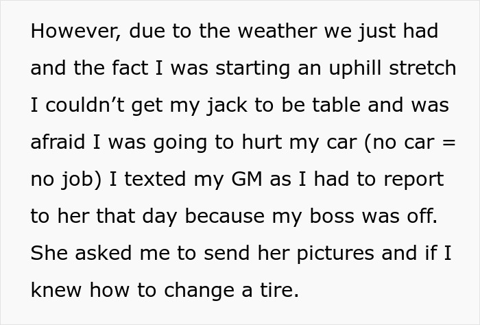 Text message about employee missing work due to flat tire, GM offering help by requesting tire photos and assistance details.