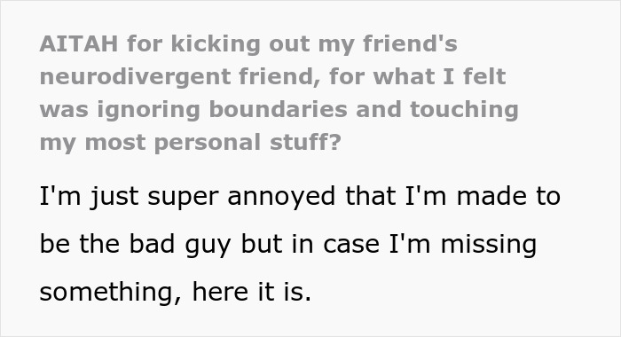 Text discussing kicking out a friend's neurodivergent buddy after they grabbed hearing aids, highlighting boundary issues.