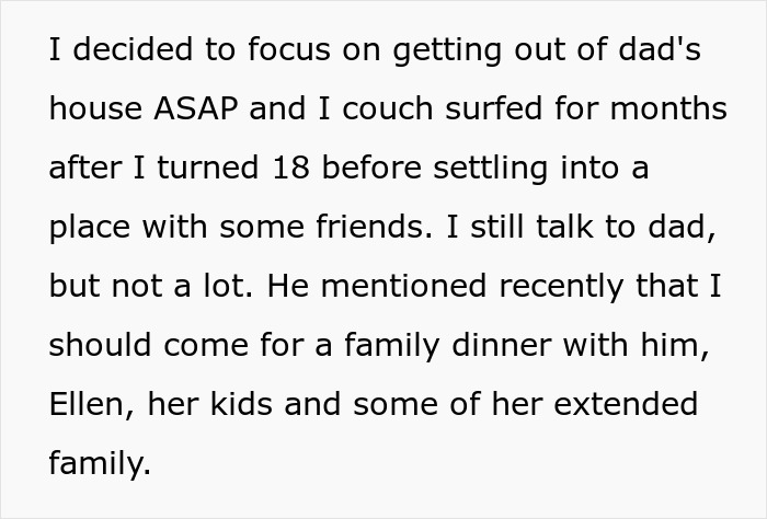 Text about a 20-year-old refusing to attend family dinner after rejection by stepsiblings, with dad indifferent.