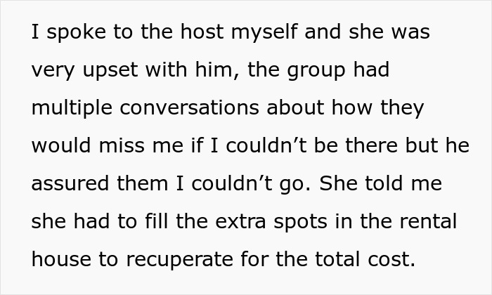 Text excerpt about woman finding out boyfriend told friends she couldn&rsquo;t join couples trip without asking her.