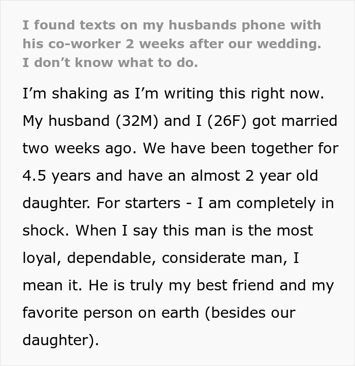 Wife Finds Husband&rsquo;s Texts With His Coworker Just 2 Weeks After Their Wedding: "My Stomach Sank"