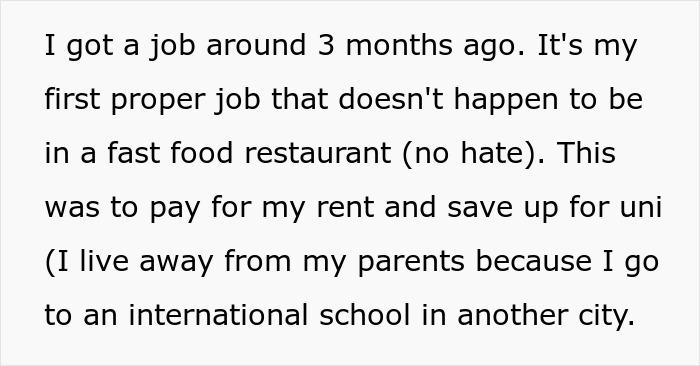 Text about nephew getting a job to pay rent and save for university, highlighting family salary expectations.