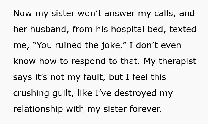 Text excerpt showing a man expressing guilt after a prank went wrong, resulting in an ER visit due to knife injury.