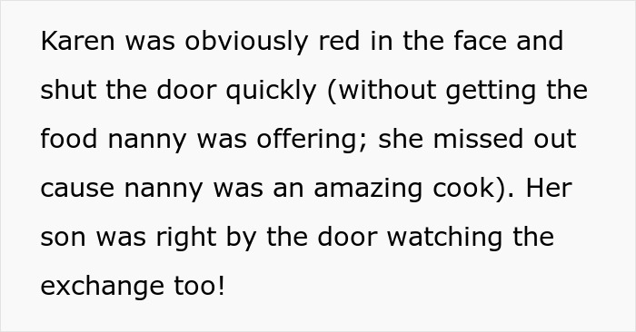 Text excerpt showing a nanny catching a neighbor stealing fruit and serving a plate as revenge.