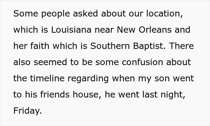 Text excerpt discussing location in Louisiana near New Orleans and a timeline confusion about a gay son visiting a friend's house.