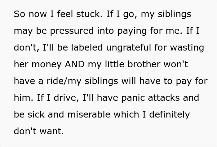 Text discussing a woman feeling stuck about a Christmas gift trip and concerns over siblings paying for her flight.