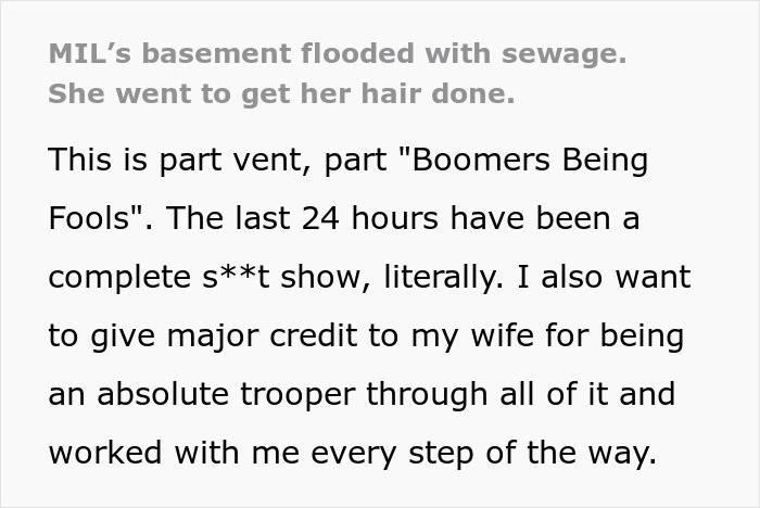 Basement flooded with sewage, MIL skips home cleanup for salon appointment while couple struggles with smelly disaster.