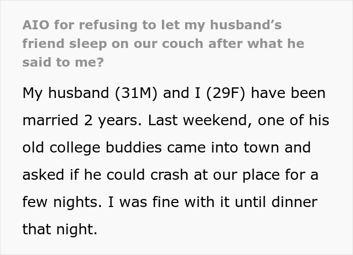Text excerpt from a Reddit post about a friend&rsquo;s compliment causing tension as wife insists husband find a hotel, husband disagrees.