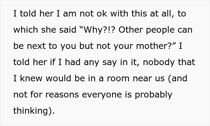 Text discussing a wedding night turning awkward as bride’s mom insists on staying next door to the honeymoon suite. Text discussing a wedding night turning awkward as bride’s mom insists on staying next door to the honeymoon suite.