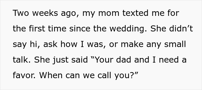 Text message on screen about a woman&rsquo;s mom asking for a favor after a long silence, highlighting family savings dispute.