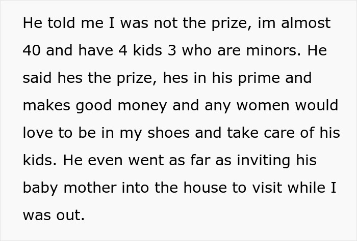 Text showing a man claiming hes the prize, calling his wife fat and lazy before demanding a divorce until he loses his job. Text showing a man claiming hes the prize, calling his wife fat and lazy before demanding a divorce until he loses his job.