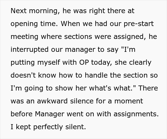 Text excerpt showing a workplace conflict where a manager calls a woman useless at work and plans to intervene.
