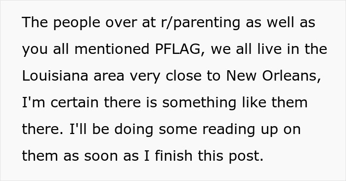 Text excerpt discussing support for a gay son, mentioning parenting and local PFLAG resources near New Orleans.