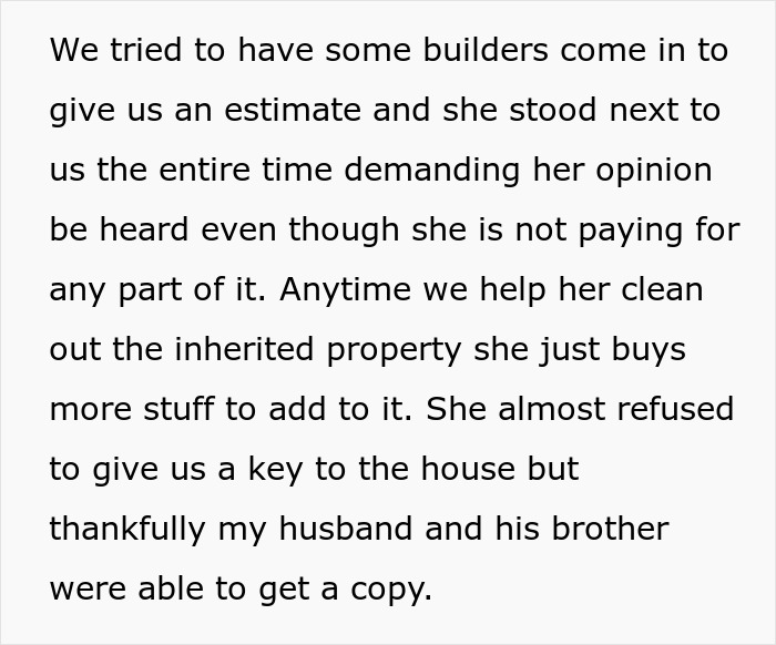 Text excerpt shows a hoarder MIL squatting in inherited home resisting cleanup and causing legal eviction issues.