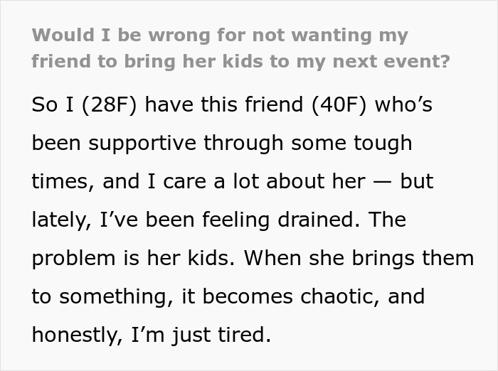 Text post about a woman feeling drained by friend’s rowdy kids and deciding to host only childfree events. - 2