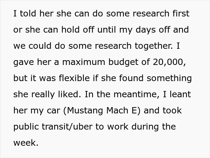 Text about husband setting a car budget and not giving wife a chance to choose the car she wants at dealership.