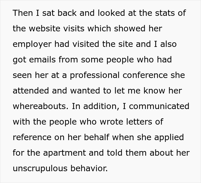 Text about a landlord tracking a woman who quit paying rent and wrecked the apartment through a defamation website.