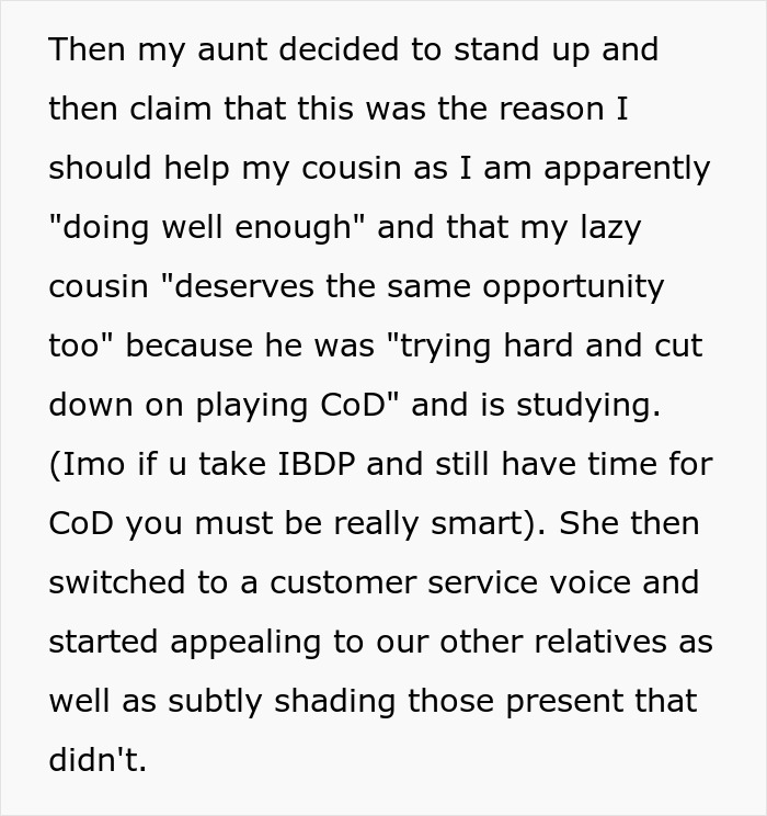 Text discussing an aunt insisting nephew&rsquo;s salary fund cousin&rsquo;s education after he gets a job.