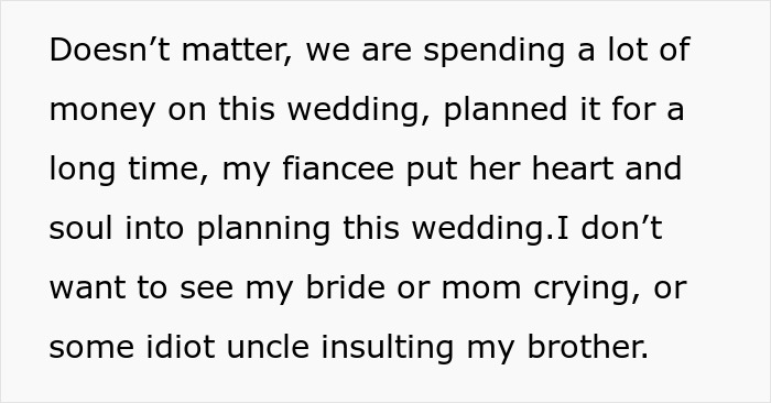 Text from wedding speech about spending money and planning, refusing to let gay brother come out at wedding due to family tension. Text from wedding speech about spending money and planning, refusing to let gay brother come out at wedding due to family tension.