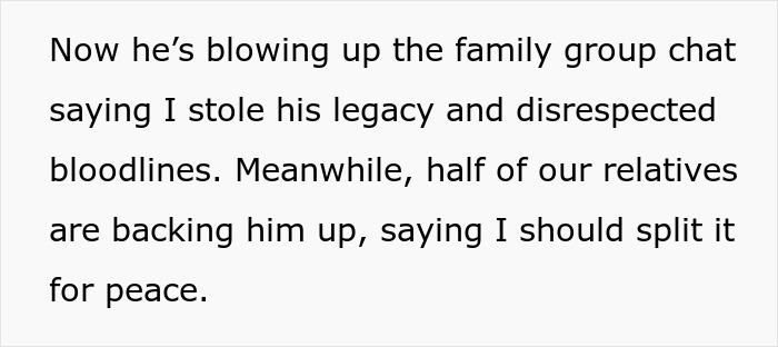 Text about family conflict over legacy with 21-year-old caring for grandpa and entitled brother causing tension. - 10