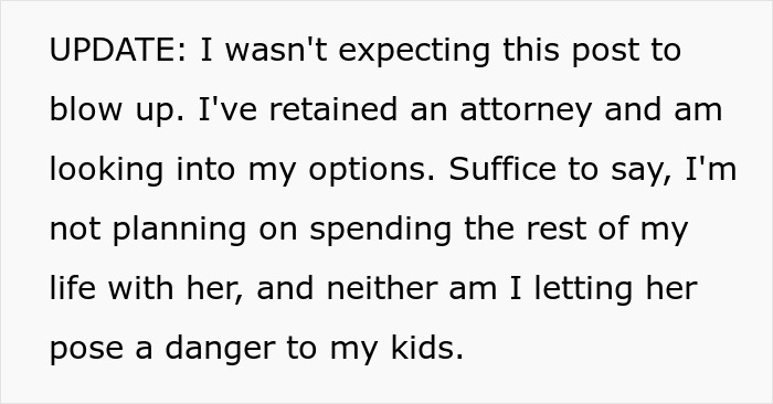 Text update about retaining an attorney and plans due to wife accusing husband of domestic violence and impacting empathy.