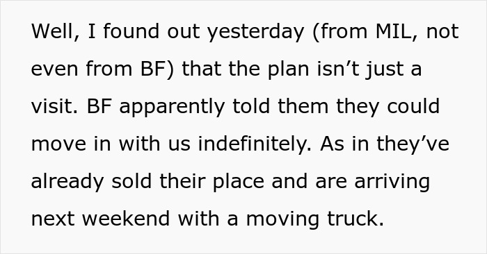 Text excerpt about a man secretly inviting his parents to stay with him and his girlfriend, causing tension at home.