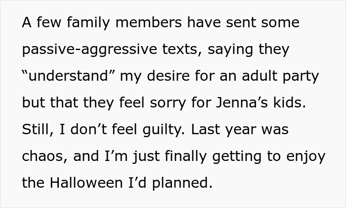 Text discussing a mom refusing to leave kids at home for Halloween party and showing up to an empty house. - 40