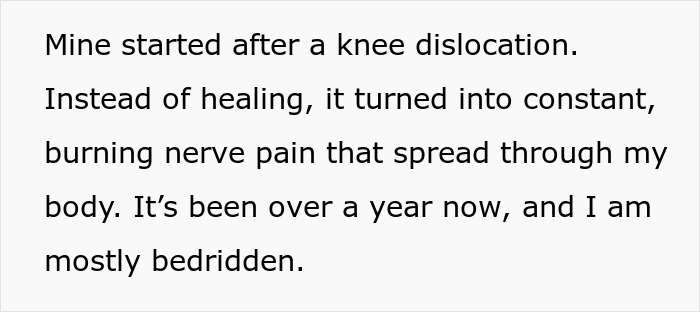 Chronic pain after knee dislocation dismissed by doctors until believed due to husband's validation.