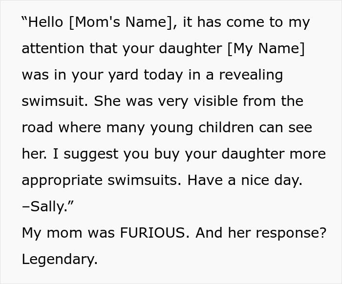 Note with a complaint about wearing bikini own yard, mentioning visibility and a request for more appropriate swimsuits.