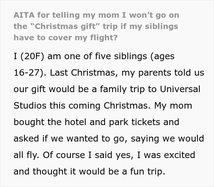 Text excerpt discussing a woman refusing to go on a Christmas gift trip if her siblings must pay for her flight.