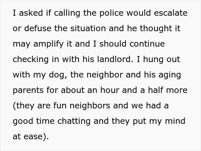 Text excerpt illustrating a woman discussing landlord absence and neighbor issues after posting no trespassing signs.