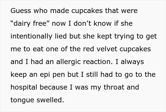 Text about intern having an allergic reaction and being hospitalized after coworker brought cupcakes and urged them to eat.