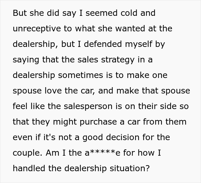 Husband drags wife out of dealership before she can show him the car she wants, causing tension over car choice.