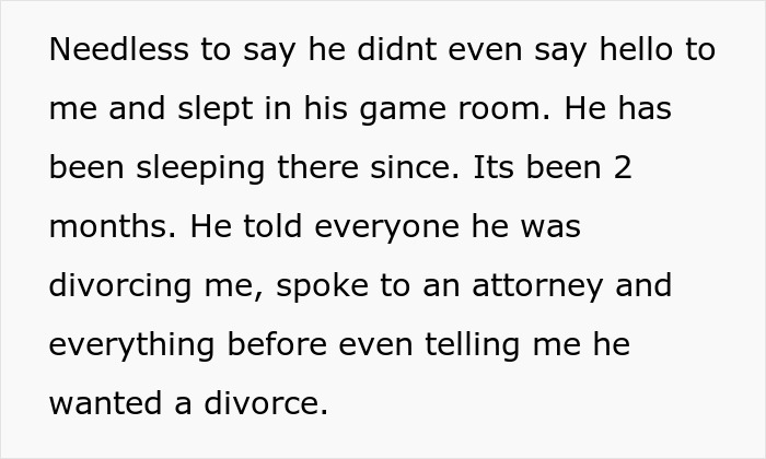 Text message describing a man demanding divorce from his ‘fat and lazy’ wife before losing his job. Text message describing a man demanding divorce from his ‘fat and lazy’ wife before losing his job.