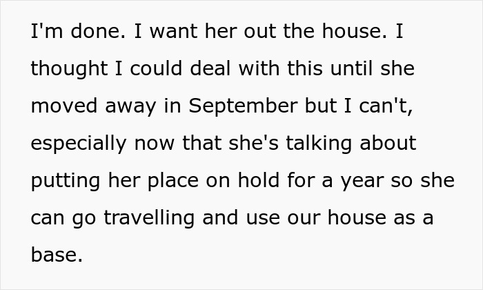 Text excerpt about woman dealing with a temporary houseguest causing issues and missed payments. Text excerpt about woman dealing with a temporary houseguest causing issues and missed payments.